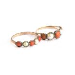 Two Georgian yellow metal, split pearl and coral cabochon five stone rings (af), sizes N 1/2, 1.