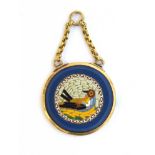 A 19th century micro mosaic pendant depicting a nesting bird, mounted in yellow metal, 1.8cm