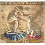 A large 19th century needlework after Francis Barlow, monkey, cat and a bird, 61x66cm