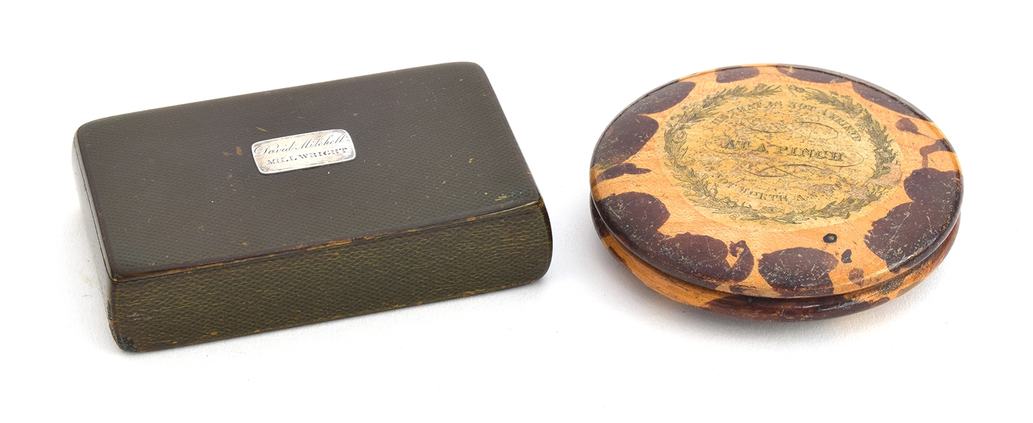 A Mauchline 'Tartanware' snuff box, the hinged lid with central white metal plaque engraved 'David