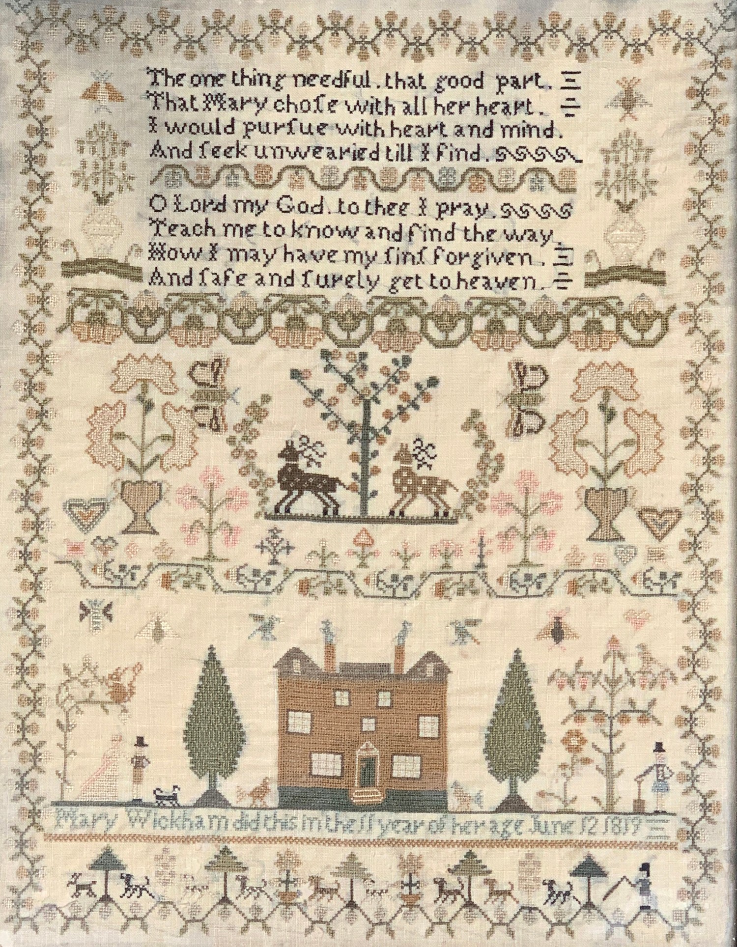 A George III needlework verse sampler by Mary Wickham, aged 11, dated 1819, the verse reading 'The