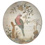 A Georgian silk picture of a parrot perched on a branch, in a gilt gesso frame, 38x34cm