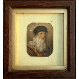 A 19th century miniature, self portrait after Leonardo da Vinci, oil on card, 7.5x5.8cm