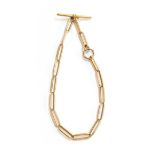 A 15ct gold trombone clasp fob chain, with T-bar and bolt ring, 32cm long unclasped, 34g