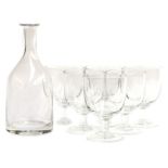 A William Yeoward decanter and set of six glass rummers, each with mark to base, each 13.5cm high (