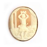 A 9ct gold shell cameo brooch depicting a scene from Macbeth, 5.5x4.5cm, 14.9g