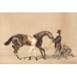 John Frederick Herring Senior (1795-1865), jockey preparing to mount, watercolour and pencil on