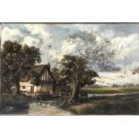 A late 19th century oil on canvas, river landscape with cottage (af), 41x61cm