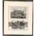 An early 19th century engraving, views of the Queen's treasury from the Thames and Scotland Yard, c.