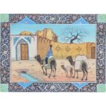 A 20th century Persian Suratgari miniature painting, man on a camel, gouache on camel bone, within a