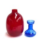 A large mid century red glass vase, 25cmH; together with a small blue glass vase, 14cmH (2)