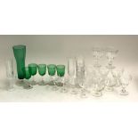 A set of green stemmed glasses; cut glass tumblers etc