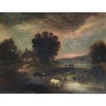 18th century English school, horse at water in a country landscape, oil on canvas, 35x45cm