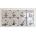 A collection of eight Delft tiles decorated with ships and boats, 13x13cm