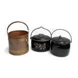 A copper and brass coal bucket together with two Judge brand enamel cooking pots