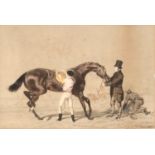 John Frederick Herring Senior (1795-1865), jockey preparing to mount, watercolour and pencil on pape