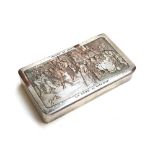 A silver plated stamp box, the lid depicting a scene after Teniers, engraved by B. Wicker, the three