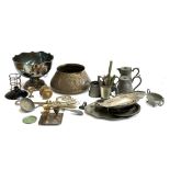 A mixed lot of plated and other metal items, to include a four piece teaset inscribed 'St Chad,