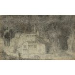 Possibly George Morland, pencil on paper study of a cottage among trees, monogrammed 'GM' on the