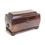 A Regency mahogany sarcophagus tea caddy, twin carry handles, on turned feet, vacant interior,