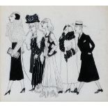 Early 20th century pen and ink cartoon depicting five well dressed figures and a small dog,