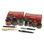 A quantity of vintage ink pots and pens to include Swan, Rexel, Parker, Sheaffer etc