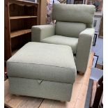A large modern armchair, approx. 86cmW; together with a matching footstool