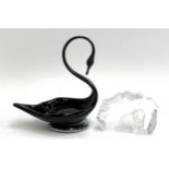 A Liskeard art glass black swan dish, label to base, 18cmH; together with an art glass seal