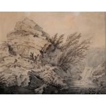 Manner of John Varley (1778-1842), pen and wash study of a rocky outcrop and waterfall, early 19th