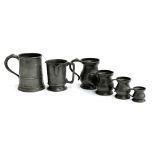Various pewter measures to include pint and half pint by James Yates; spouted pint tankard; quart