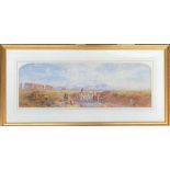 A panoramic watercolour, Italian peasants in a landscape with the ruins of an aquaduct in the