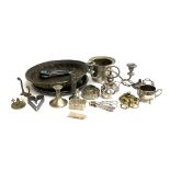 A mixed lot of metal items to include miniature white metal basket; candlesticks, brass etc
