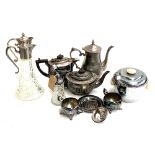 A mixed lot of plated wares to include teapot, coffee pot, claret jugs etc