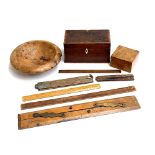 A turned burr wood fruit bowl, 23cmD; a treen box, 10cmW; small mahogany tea caddy, 20.5cmW; and