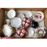 A box of ceramics to include Royal Crown Derby traditional Imari tea plates, antique cups & saucers,
