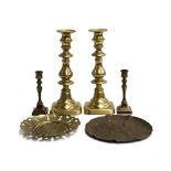 A pair of 18th century style brass ejector candlesticks, 23.5cmH; together with a small pair of