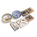 A mixed lot to include three Guerin Tiles, Gazelle Tile, Dancer plaque, two majolica bowls