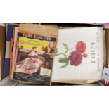 A mixed box of vintage Rose prints, sheet music, and knitting patterns
