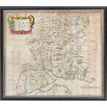 Robert Morden, an early 18th century engraved hand coloured map of Hampshire, c. 1722, 36x42cm