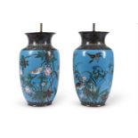 A large pair of 19th century Japanese Meiji cloisonne vases, decorated with birds perched in