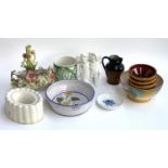 Box of pottery, inc GPO Bourne Denbigh jug, antique jelly mould and other items.