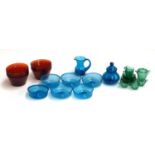 A mixed lot of coloured glassware to include a Polish Krosno kingfisher blue mid-century art glass