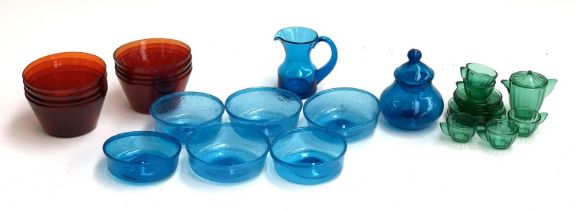 A mixed lot of coloured glassware to include a Polish Krosno kingfisher blue mid-century art glass