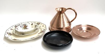 A Royal Doulton 'Old Leeds Spray' platter and two dishes; together with a copper jug and bowl and