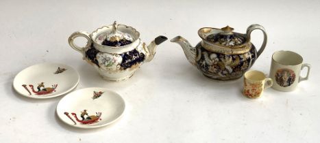 A small lot of ceramics to include a commemorative 1919 peace mug; two 19th century hand painted