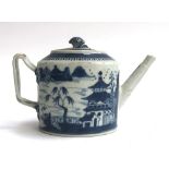 A Chinese export blue and white teapot of cylindrical form with entwined bifurcated handle,