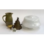 A white milk glass hanging ceiling light, approx. 30cmD; together with a studio pottery salt