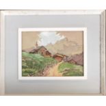 20th century watercolour of buildings in an Alpine landscape, signed Gronauer? and dated 1945, 17x23