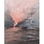 Early 20th century watercolour, tall ship on fire, signed Albert, 58x47cm
