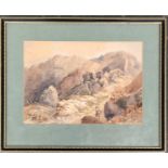 Early 20th century watercolour, figure with basket in a rocky mountain setting, monogrammed EYWH,